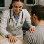 Bărbat tensionat în timpul unui consult, simbolizând frământările interioare și durerea emoțională trăită în urma relațiilor toxice și a dezechilibrelor afective.